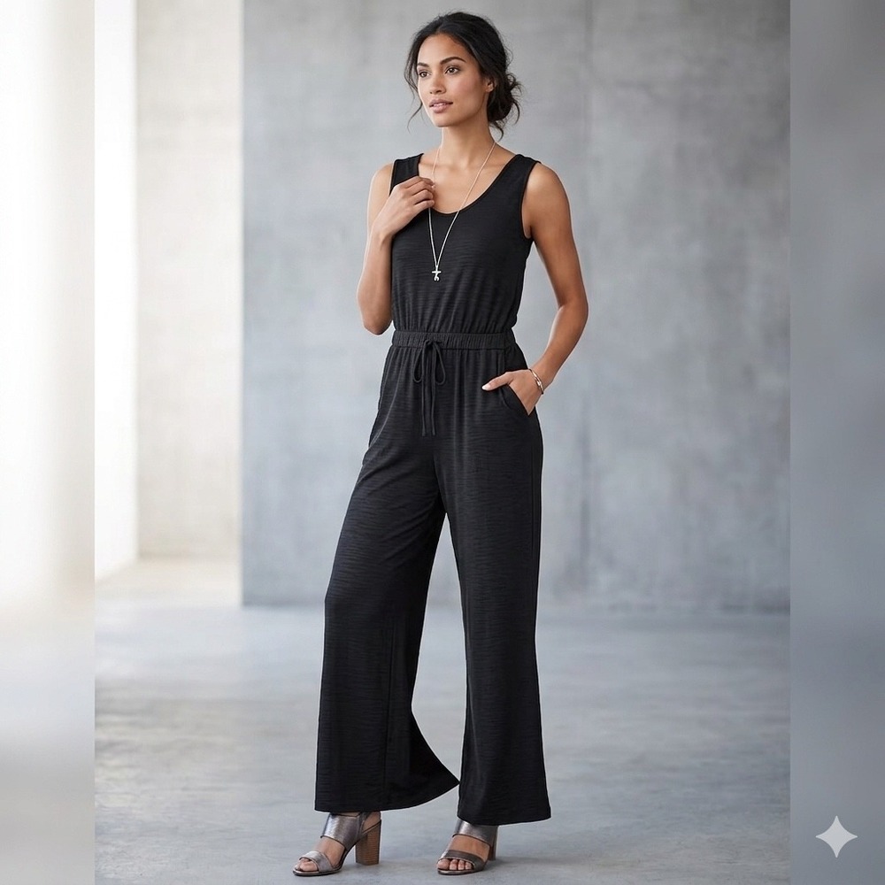 Nicole Miller New York Womens Black Slub Knit Wide Leg V-Neck Jumpsuit Small
